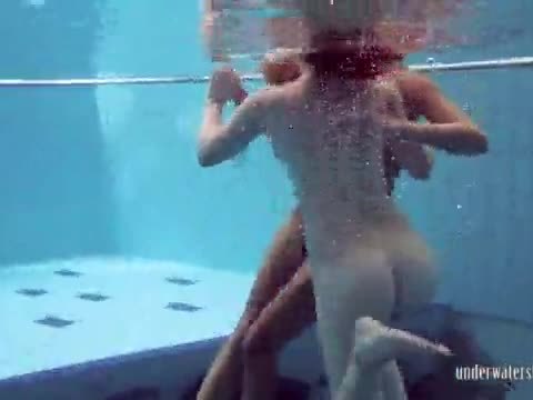 Bushy and round ass girls strip and swim