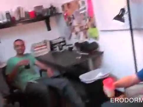 Strapon using at college dorm room orgy party