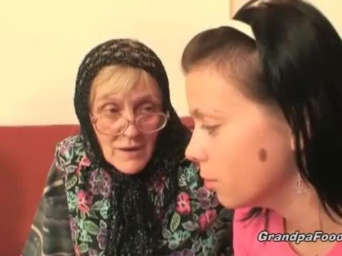 Hot babe helps granny to sucks a cock