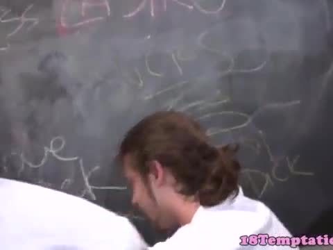 Naughty schoolgirls jerking cock in classroom