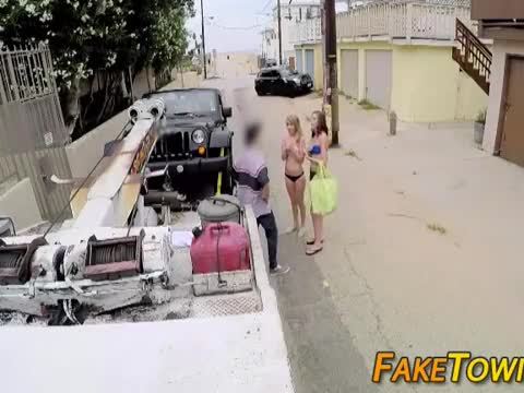 TowTruck Driver Fucking Two Amateur Sluts