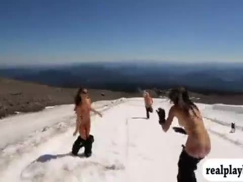 Badass babes snowboarding while all nude